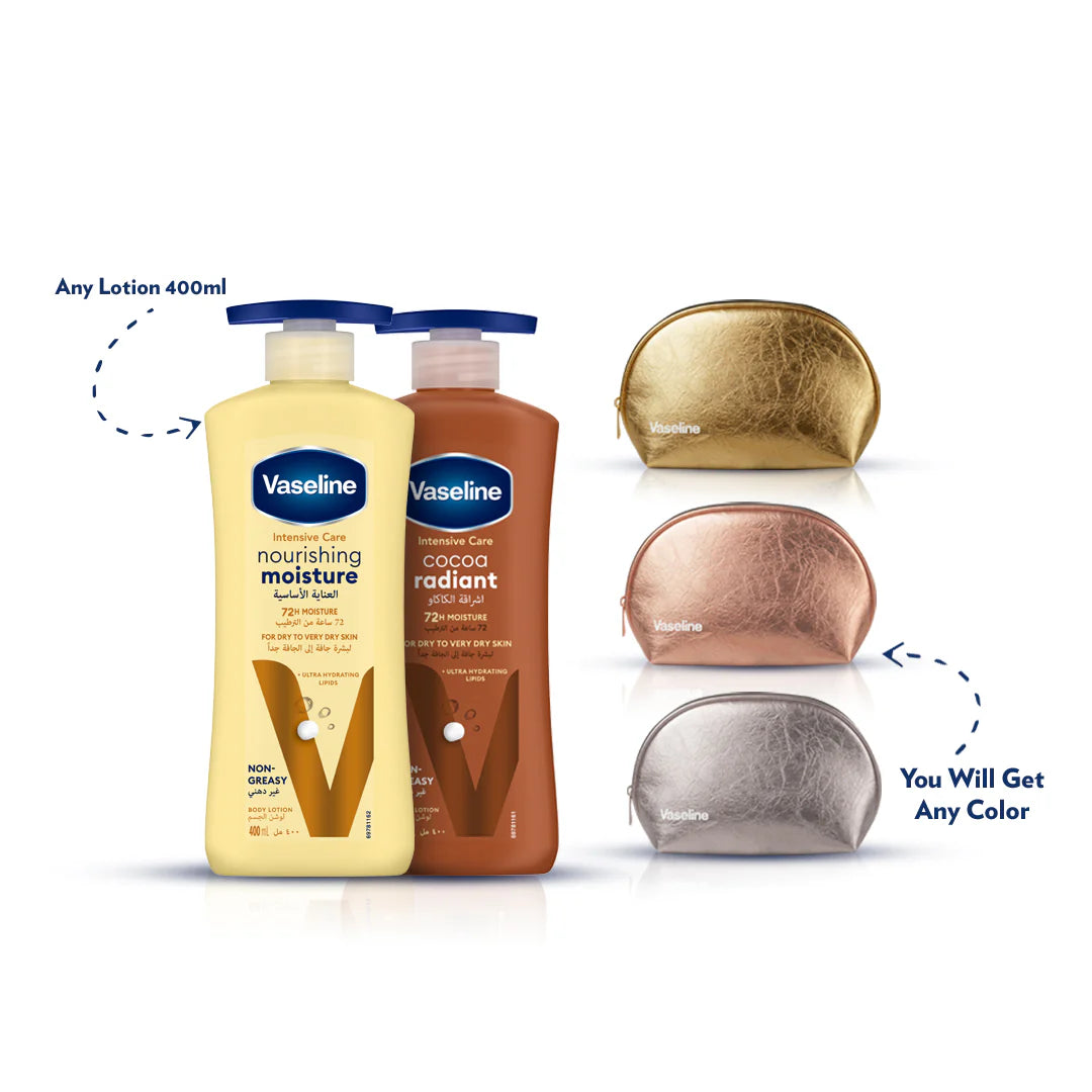 Vaseline Lotion Essential Healing 400 ML + Lotion Coco Radiant Vision 725 ML + Pouch
