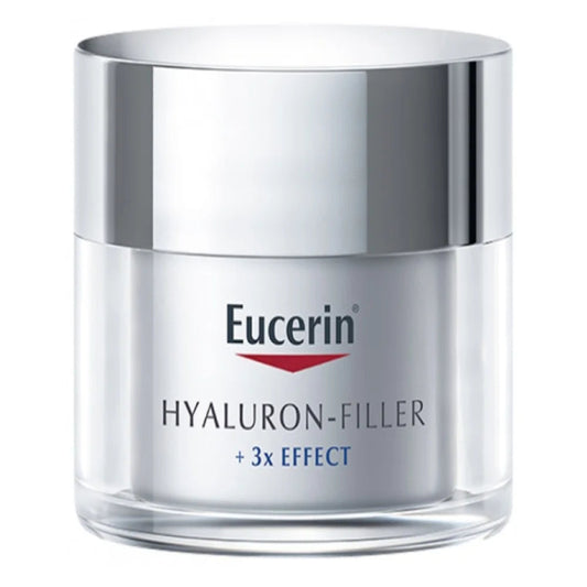 Jar of Eucerin Hyaluron‑Filler 3× Effect Day Cream SPF 15 50 ml (dry skin version), silver lid, white jar