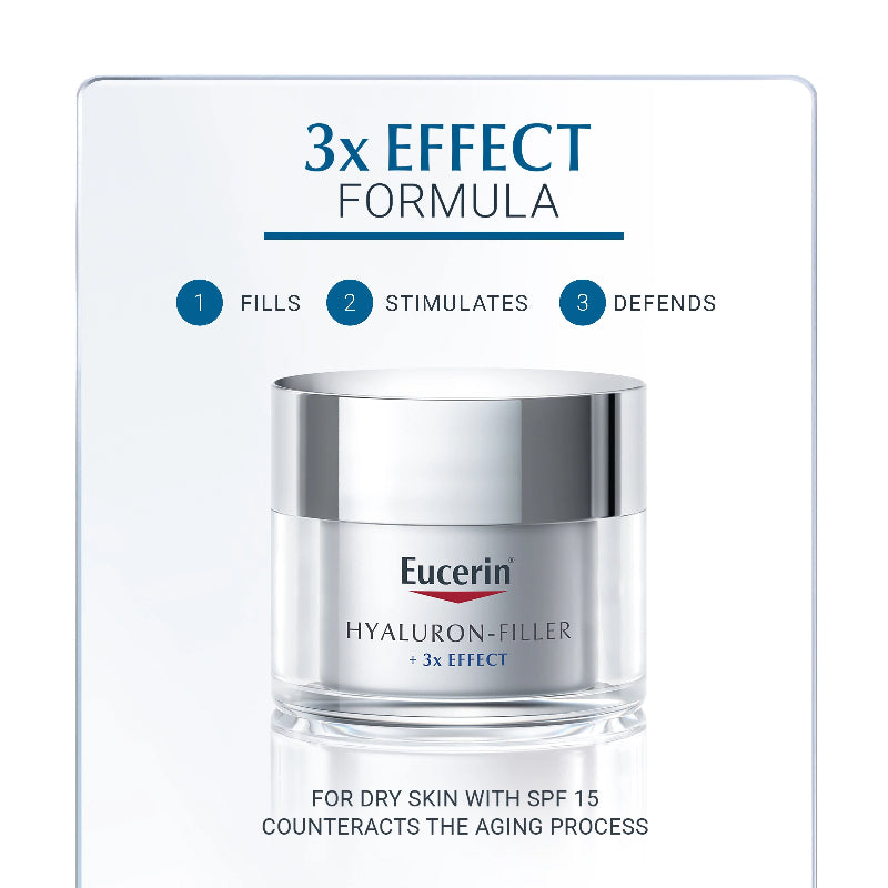 Jar of Eucerin Hyaluron‑Filler 3× Effect Day Cream SPF 15 50 ml (dry skin version), silver lid, white jar