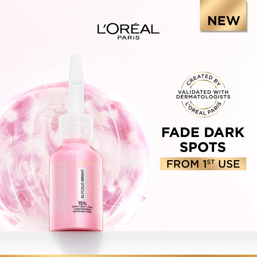 L'Oréal Paris Glycolic-Bright Anti-Dark Spot Exfoliant Peel 15% AHA + BHA + PHA + Niacinamide 25ml.