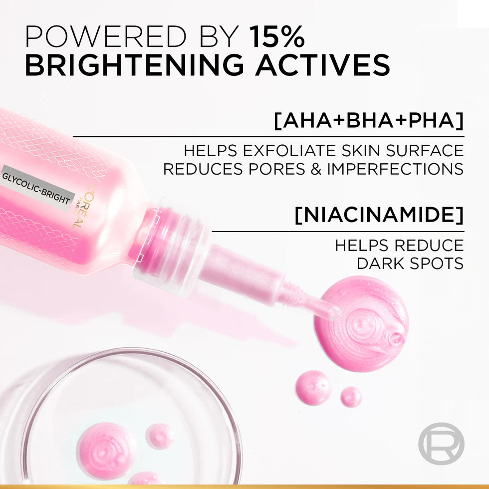 L'Oréal Paris Glycolic-Bright Anti-Dark Spot Exfoliant Peel 15% AHA + BHA + PHA + Niacinamide 25ml.