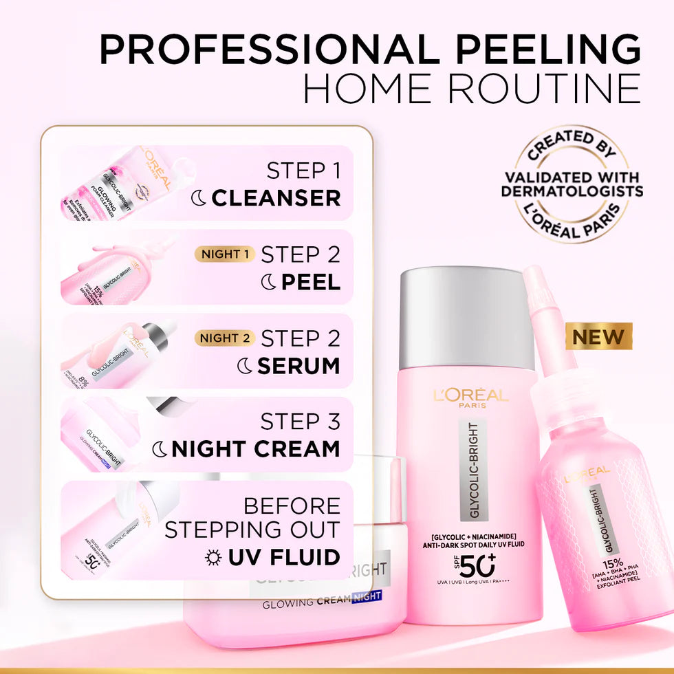L'Oréal Paris Glycolic-Bright Anti-Dark Spot Exfoliant Peel 15% AHA + BHA + PHA + Niacinamide 25ml.