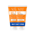 Avene sunscreen cream tube with orange and blue design on a white background