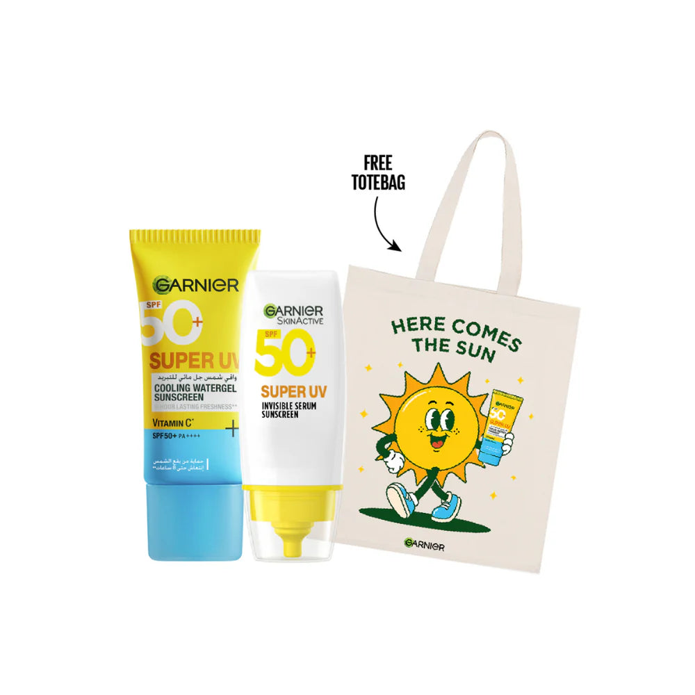 Garnier Super UV Cooling Gel + Invisible Serum Vitamin C Sunscreen Duo Bundle + Free Tote