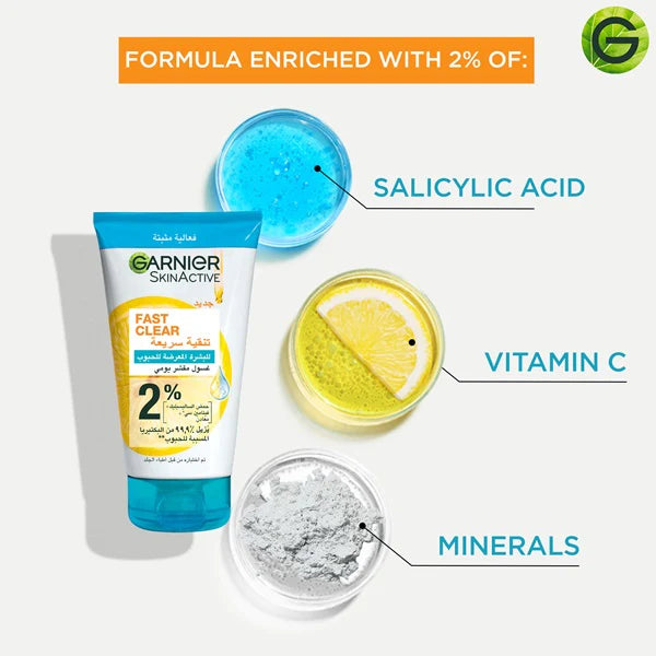 Garnier Fast Clear [2%] Salicylic Acid & Vitamin C - 3-in-1 Anti-Acne Exfoliating Wash (150ml)