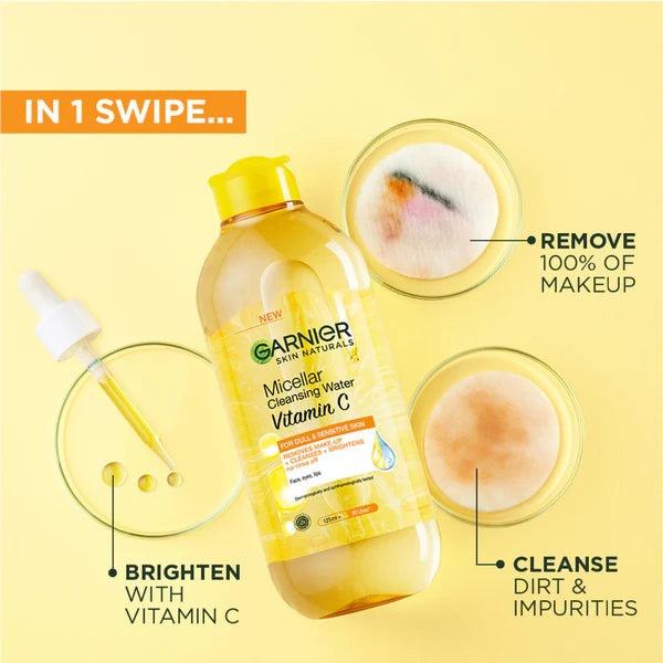 Garnier Micellar Brightening Cleanser Water with Vitamin C 400ml bottle, all-in-one makeup remover and cleanser enriched with vitamin C to brighten skin, suitable for all skin types
