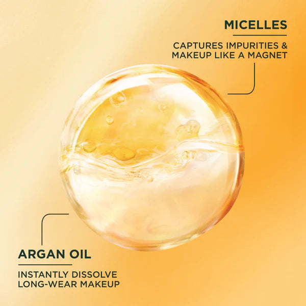 Garnier Micellar Cleansing Water In Oil 100 ml bottle, dual-phase formula that removes waterproof makeup and impurities, suitable for all skin types including sensitive skin

