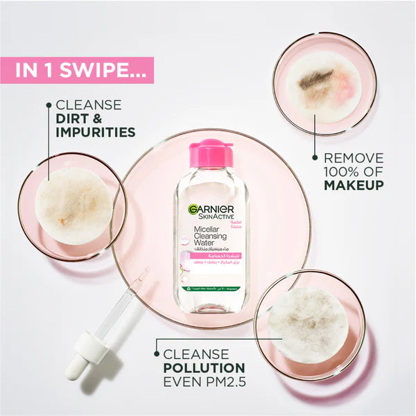Garnier Micellar Cleansing Water 400 ml bottle, gentle all‑in‑one makeup remover and cleanser for face, eyes, and lips, suitable for all skin types