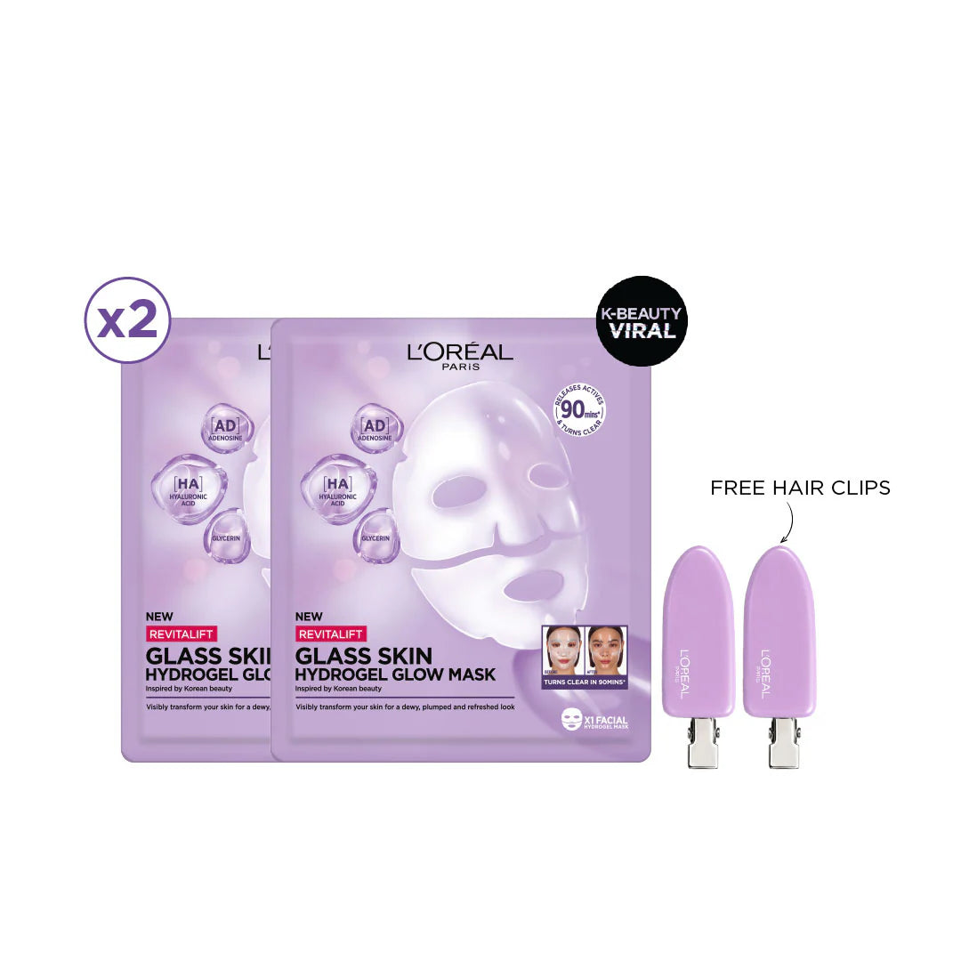 L’Oréal Paris Revitalift Glass Skin Hydrogel Glow Mask Duo Bundle + Free Hair Clips