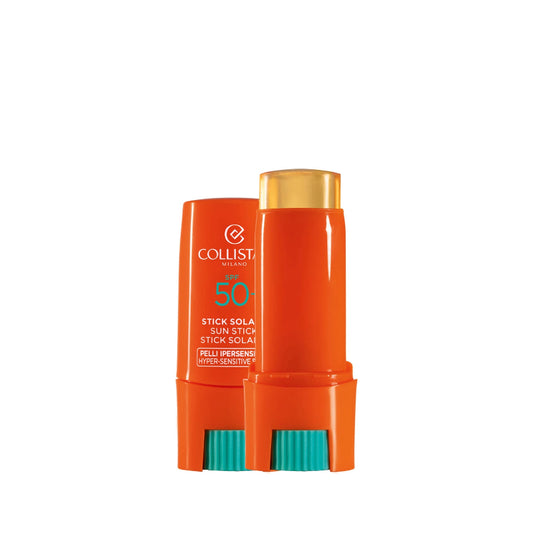 Orange sun stick with gold cap on a white background, featuring the Collistar brand.