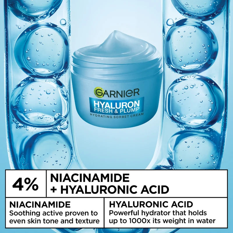 Garnier Hyaluron Fresh & Plump Cream - Hydration, 48H Oil Free - 4% [Hyaluronic Acid + Niacinamide] - Cruelty Free International & Vegan