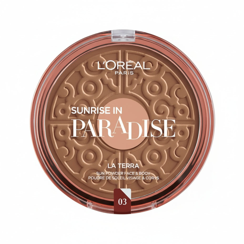 L'Oreal Paris bronzer compact with decorative design on a white background