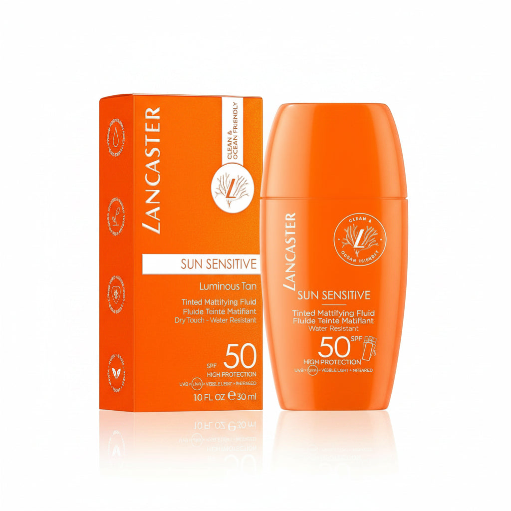 Lancaster Sun Sensitive Tinted Mattifying Fluid packaging and bottle on a white background