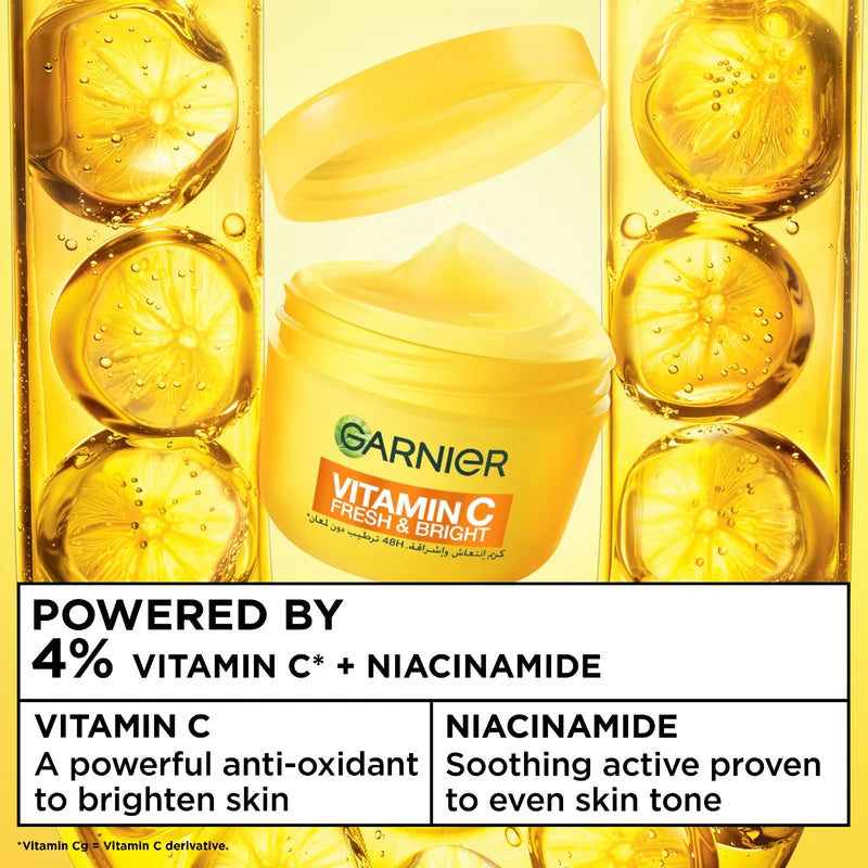 Garnier Vitamin C Fresh & Bright Cream. Hydration, 48H Oil Free Hydration - 4% [Vitamin C* + Niacinamide] - Cruelty Free International & Vegan