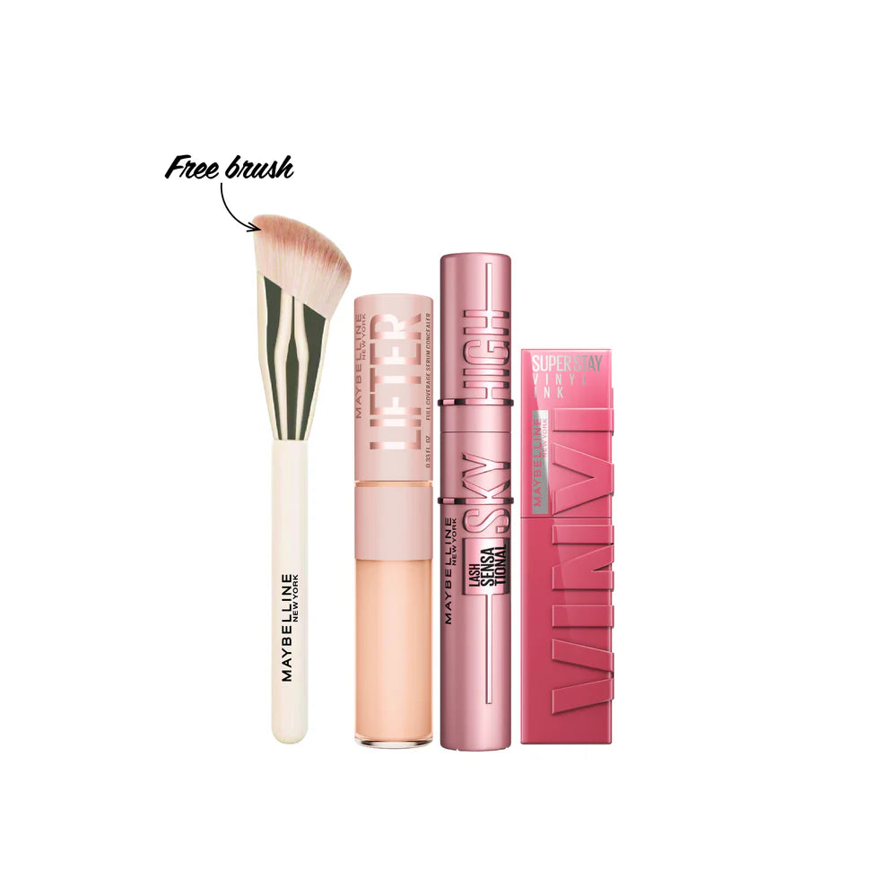 Maybelline Lifter Serum Concealer + Sky High Mascara + Vinyl Ink Lipstick + FREE Brush At 15% OFF