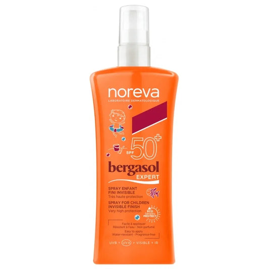 Noreva Bergasol Kids Invisible Spray SPF50+ 125ml sunscreen bottle with child-friendly design, offering very high sun protection for sensitive skin, ideal for outdoor use and daily sun exposure.