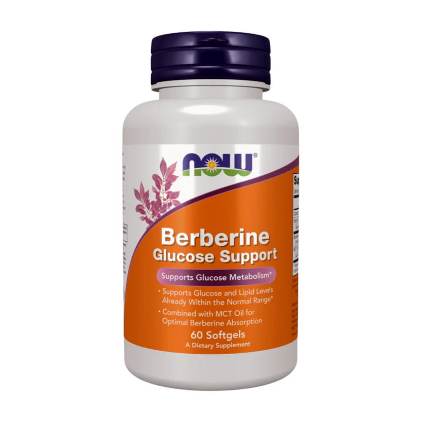 A white bottle of NOW Berberine Glucose Support dietary supplement with a dark purple cap and an orange label, shown on a plain white background.