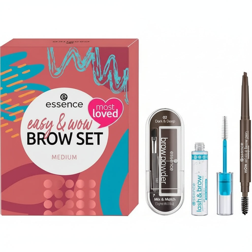Essence Easy & Wow Brow Set packaging with brow powder, brow gel, and brow pencil on a white background