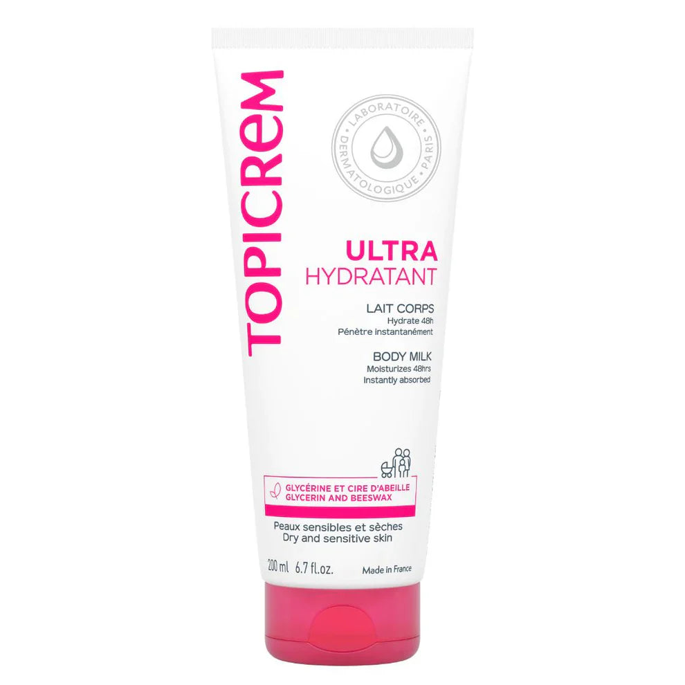 Topicrem Ultra Hydratant body milk bottle on a white background