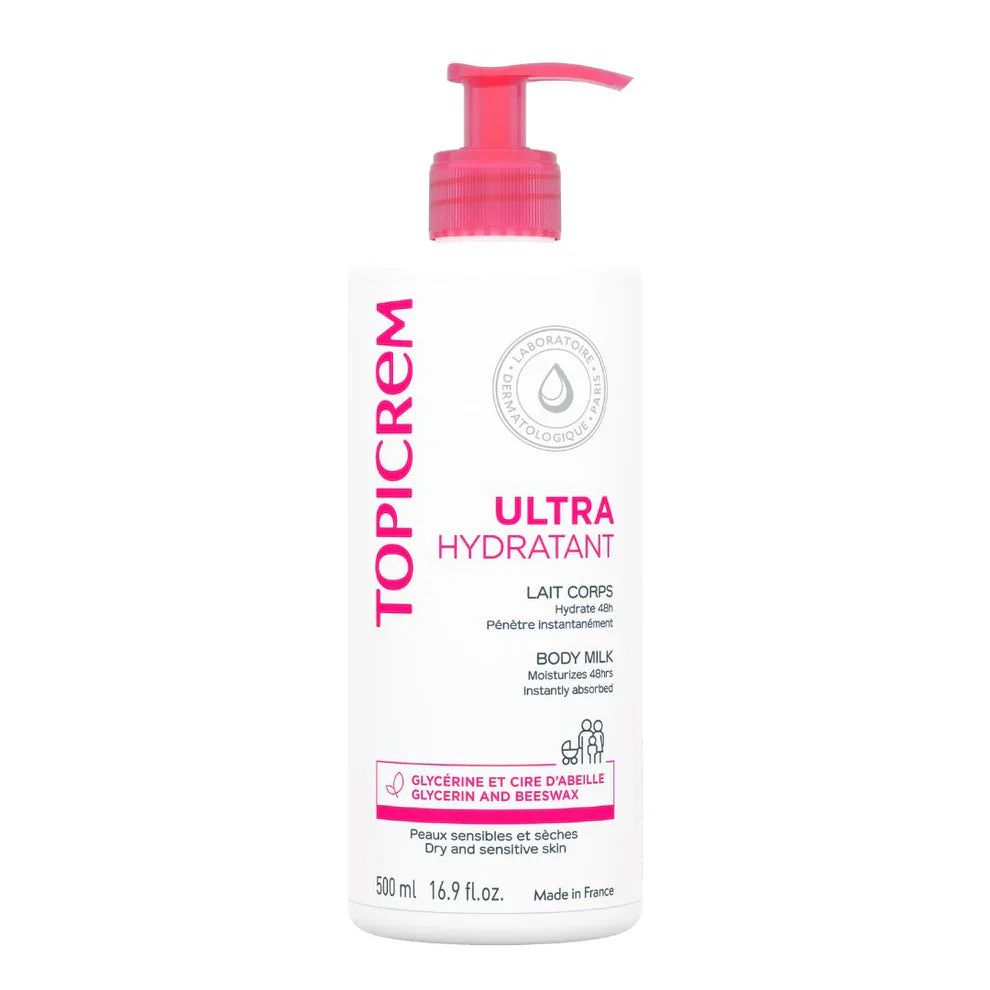 TOPICREM Ultra Hydratant body milk bottle with pink pump on a white background