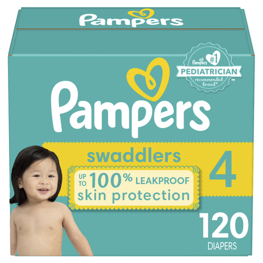 Pampers swaddlers diaper package with a child on a white background