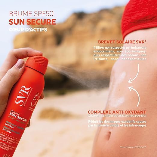 Texture légère et invisible de la brume solaire SVR Sun Secure SPF50+ – application rapide pour une protection optimale contre les UV