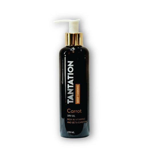 A bottle of carrot tanning oil placed on a sandy beach, with golden sunlight reflecting off the surface