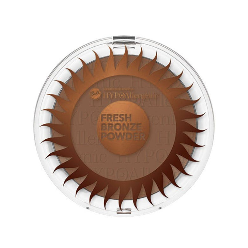 Compact face powder with sun design and 'Fresh Bronze Powder' text on a white background