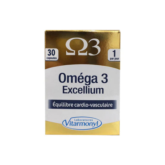 Box of Omega 3 Excellium capsules with Vitarmonyl branding on a white background