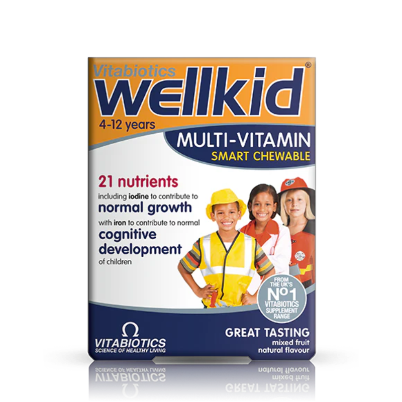 Wellkid multi-vitamin package for children with images of children in different professions on a white background.