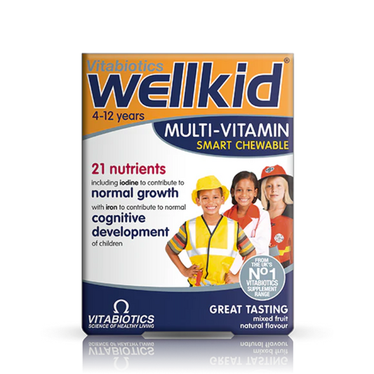 Wellkid multi-vitamin package for children with images of children in different professions on a white background.