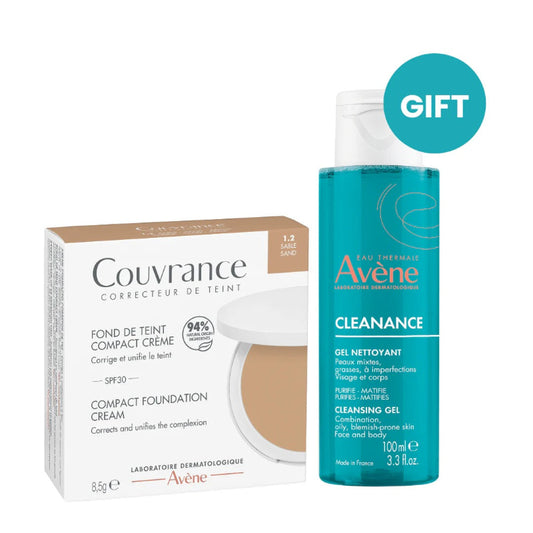 Avene Couvrance foundation cream packaging and Cleanance cleansing gel on a white background