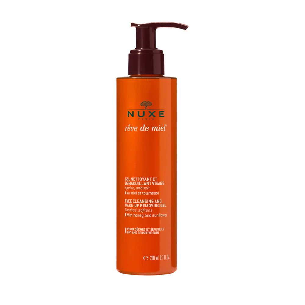 Nuxe Reve De Miel Gentle Face Cleanser in a pump bottle, 200ml, with orange and white packaging.
