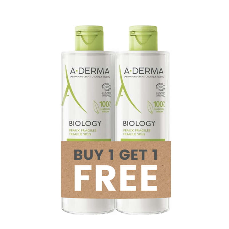 Two A-Derma Biology skincare bottles with a 'Buy 1 Get 1 Free' offer on a white background.