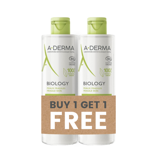 Two A-Derma Biology skincare bottles with a 'Buy 1 Get 1 Free' offer on a white background.