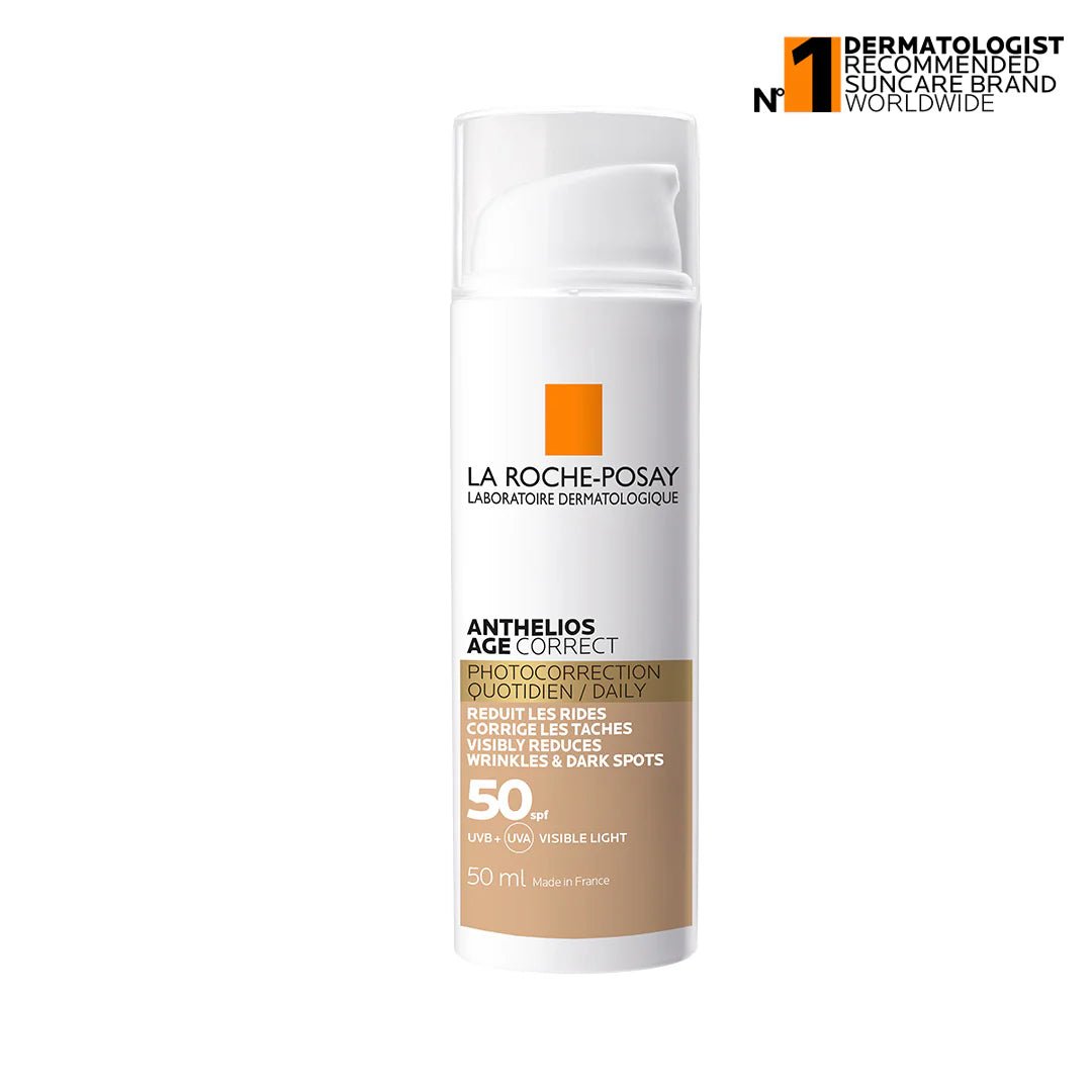 Anthelios Age Correct Tinted SPF50 sunscreen in a 50ml pump bottle, offering anti-aging skincare with tinted coverage and high sun protection.