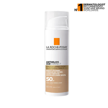 Anthelios Age Correct Tinted SPF50 sunscreen in a 50ml pump bottle, offering anti-aging skincare with tinted coverage and high sun protection.