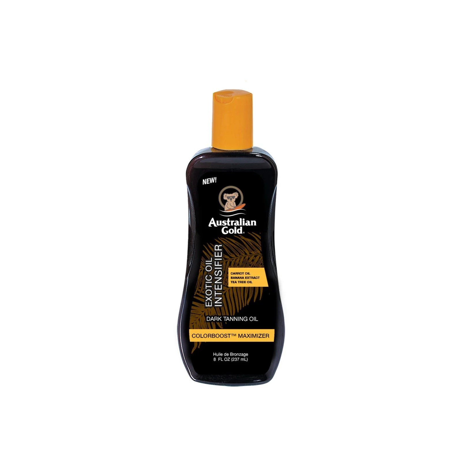Australian Gold tanning oil bottle on a white background