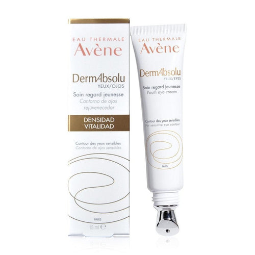 Avene DermAbsolu Eyes cream tube and its packaging, indicating reduction of puffiness, anti-aging, brightening, and hydration benefits.