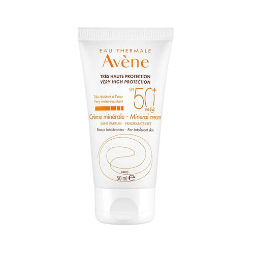 A tube of Avene High Protection Mineral Cream SPF50+ with white and orange design, indicating sun protection.