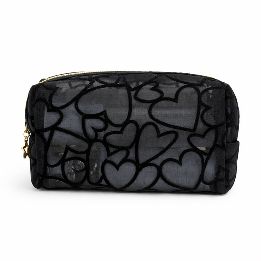 Black mesh pouch with heart patterns on a white background