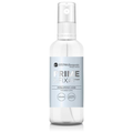 Clear spray bottle with a light blue label on a white background