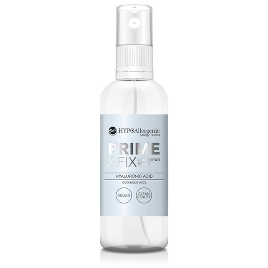 Clear spray bottle with a light blue label on a white background