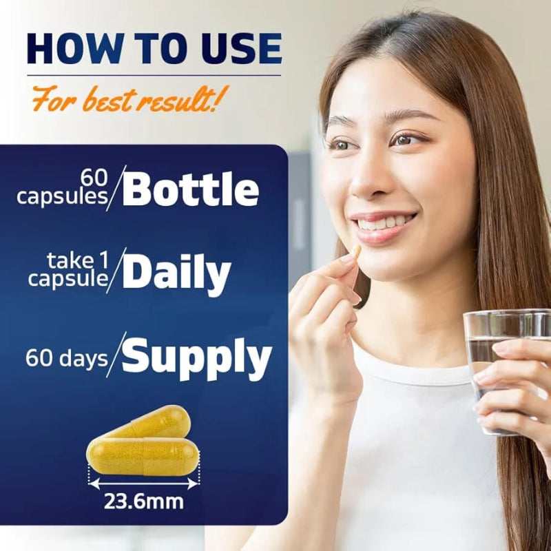 Woman taking a pill with text on how to use capsules for best results