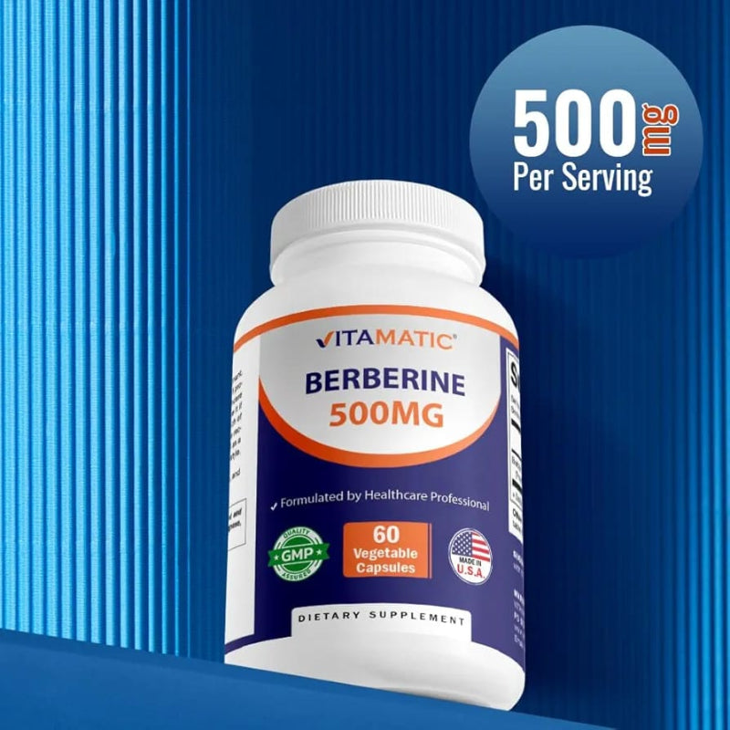Vitamatic Berberine 500MG supplement bottle on a blue background