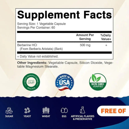 Supplement facts label with product details and certification logos on a beige and blue background.