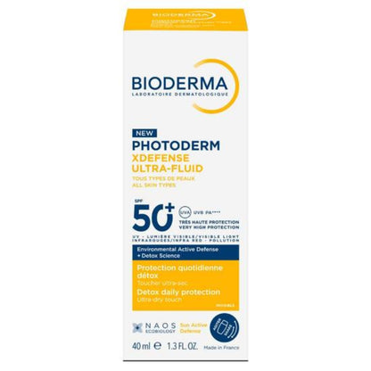 Bioderma Photoderm XDefense Ultra Fluid SPF50+ provides broad-spectrum sun protection against UV rays, blue light, and pollution. Ideal for sensitive, oily, and acne-prone skin with a matte and invisible finish
