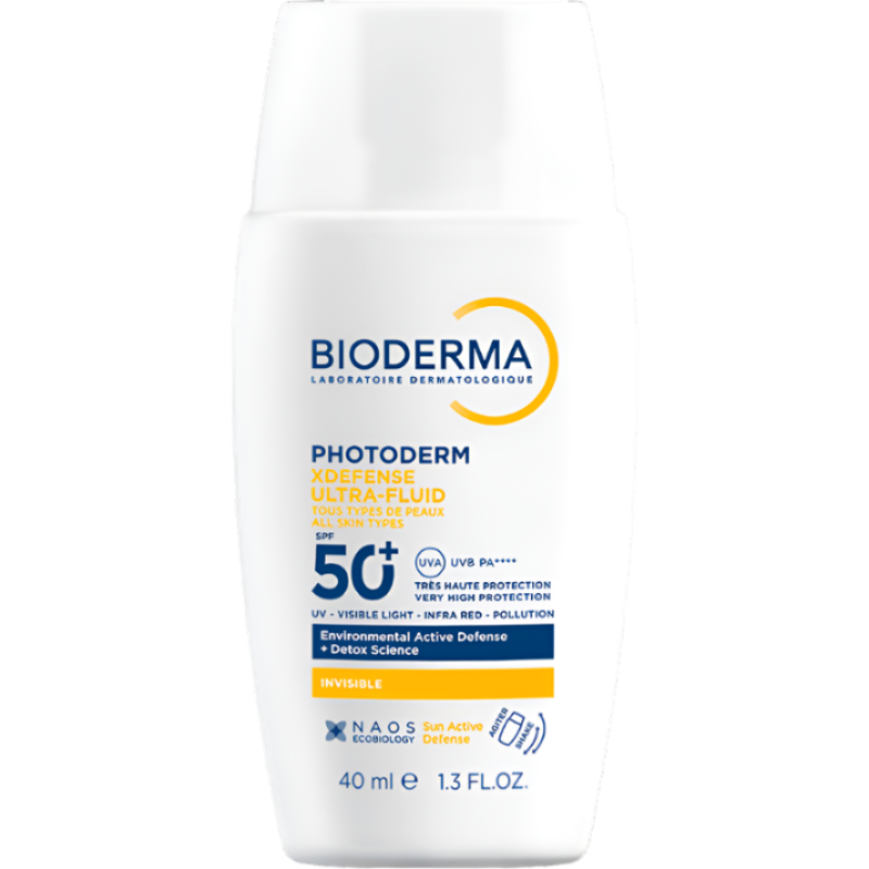 Bioderma Photoderm XDefense Ultra Fluid SPF50+ bottle with invisible finish, offering advanced sun protection and anti-pollution benefits. Suitable for all skin types including sensitive and acne-prone skin