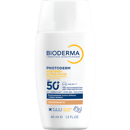 Bioderma Photoderm XDefense Ultra Fluid SPF50+ provides broad-spectrum sun protection against UV rays, blue light, and pollution. Ideal for sensitive, oily, and acne-prone skin with a matte and invisible finish
