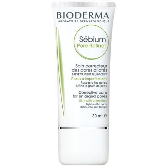 Bioderma Sebium Pore Refiner, a skin care product in a white tube with green text, designed for oily and combination skin.